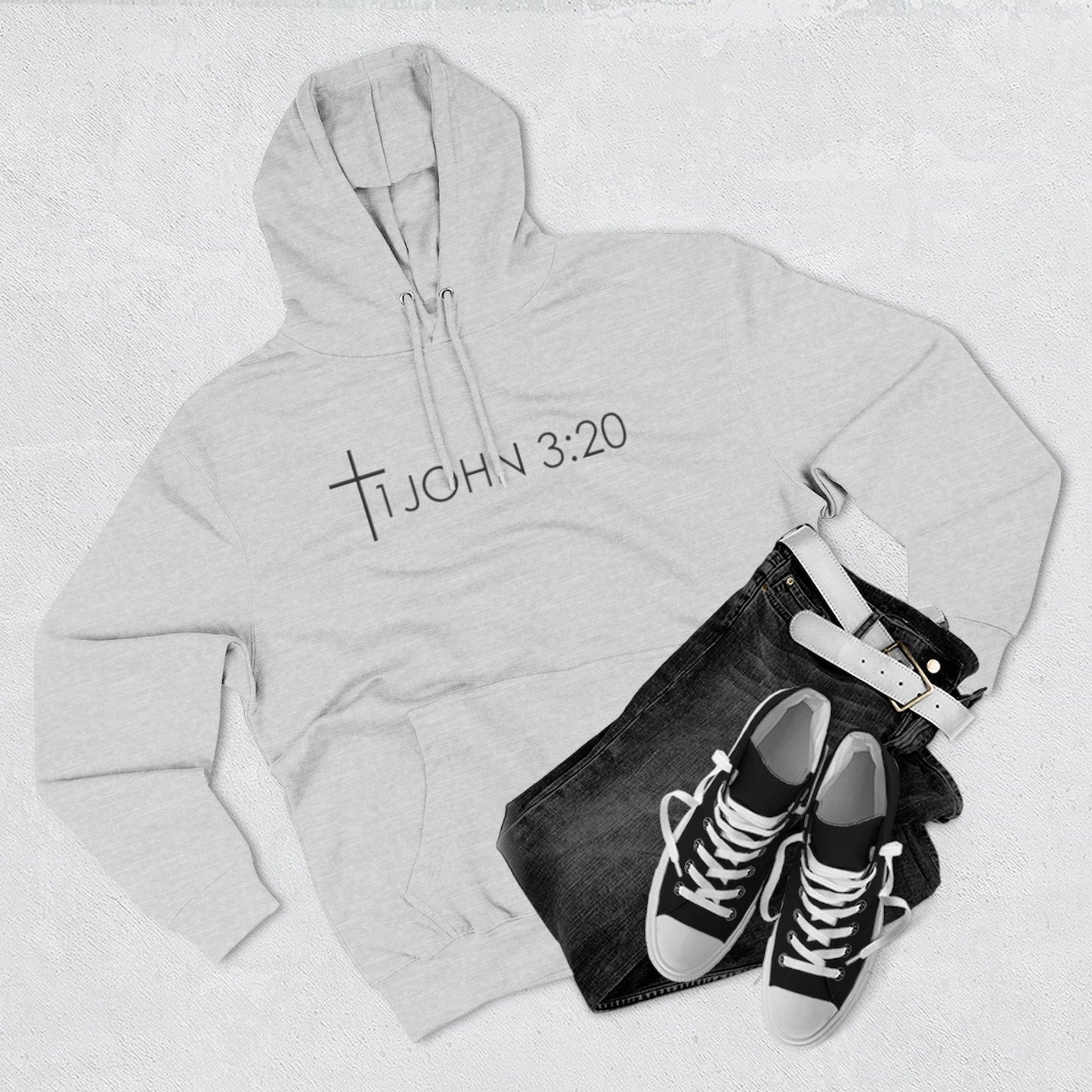 John 3:20 Cross Hoodie — Christian Faith Pullover with God is Greater than the highs and lows Back Design