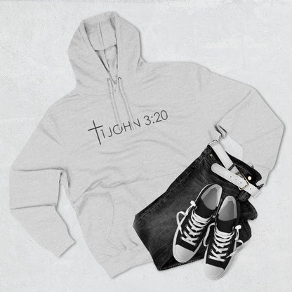 John 3:20 Cross Hoodie — Christian Faith Pullover with God is Greater than the highs and lows Back Design