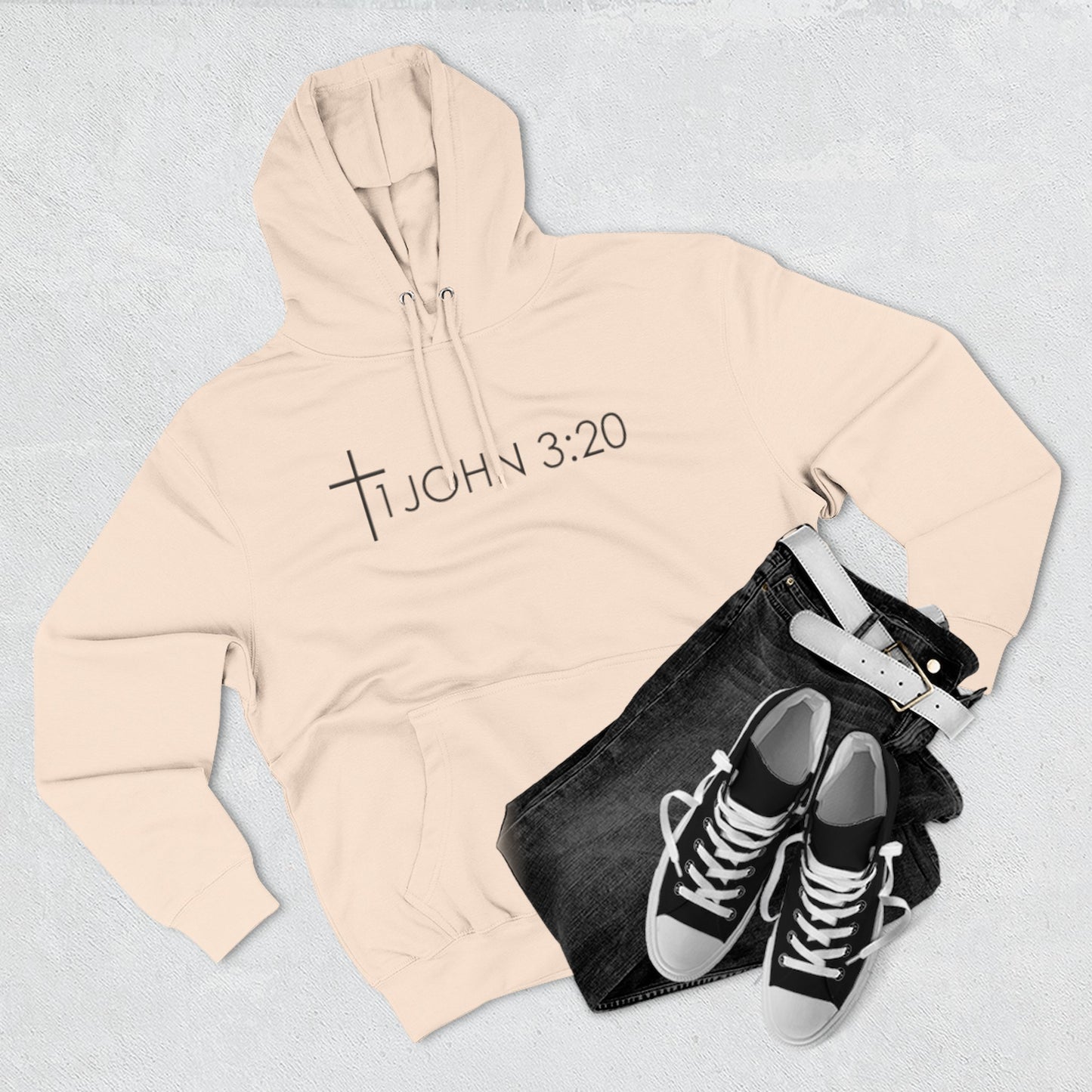 John 3:20 Cross Hoodie — Christian Faith Pullover with God is Greater than the highs and lows Back Design