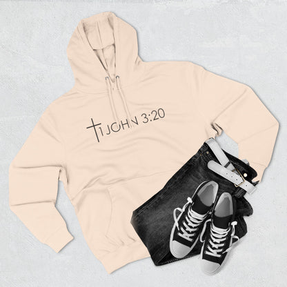 John 3:20 Cross Hoodie — Christian Faith Pullover with God is Greater than the highs and lows Back Design
