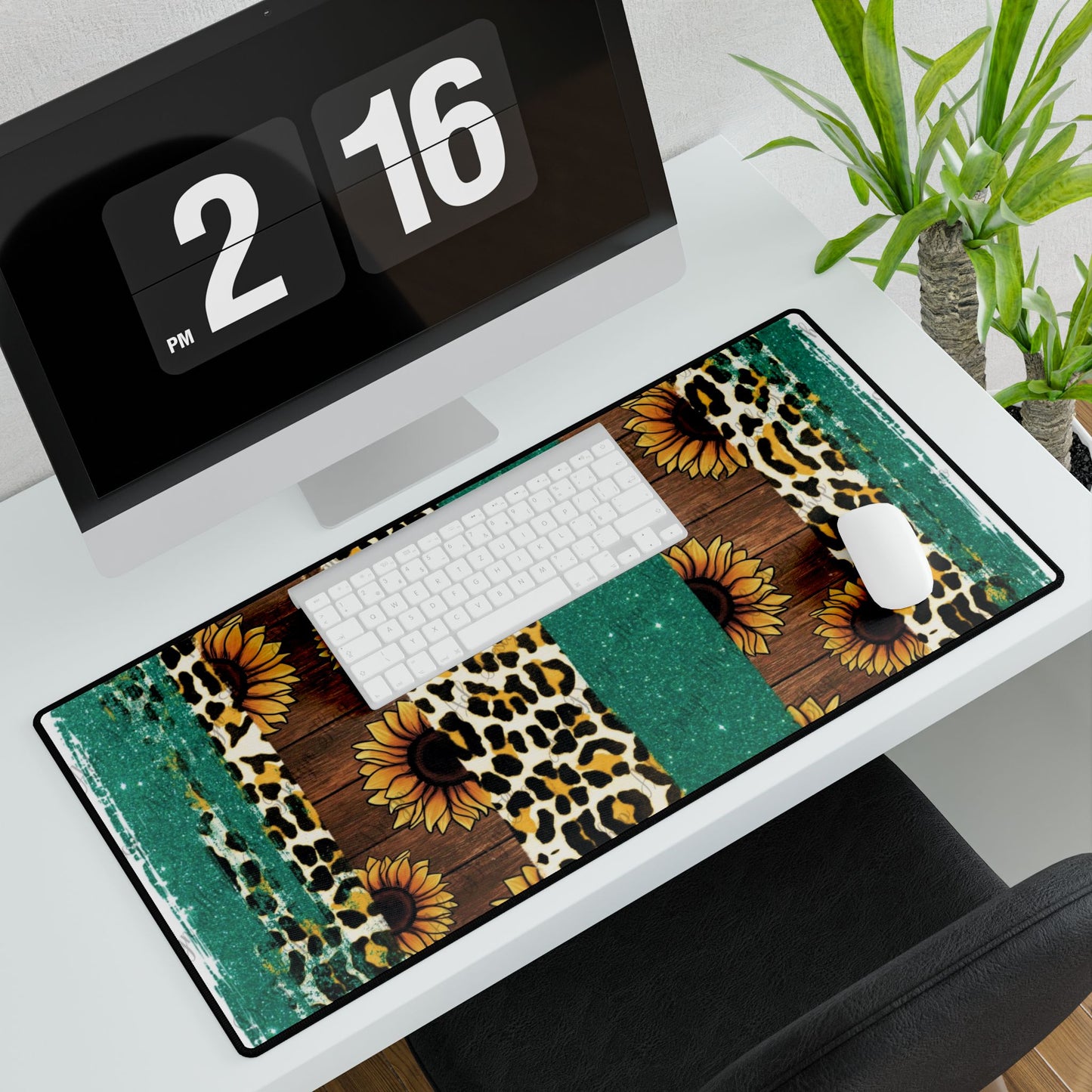Sunflower Leopard Desk Mat – Rustic Teal Mouse Pad for Office & Home