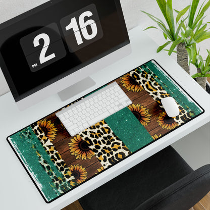 Sunflower Leopard Desk Mat – Rustic Teal Mouse Pad for Office & Home