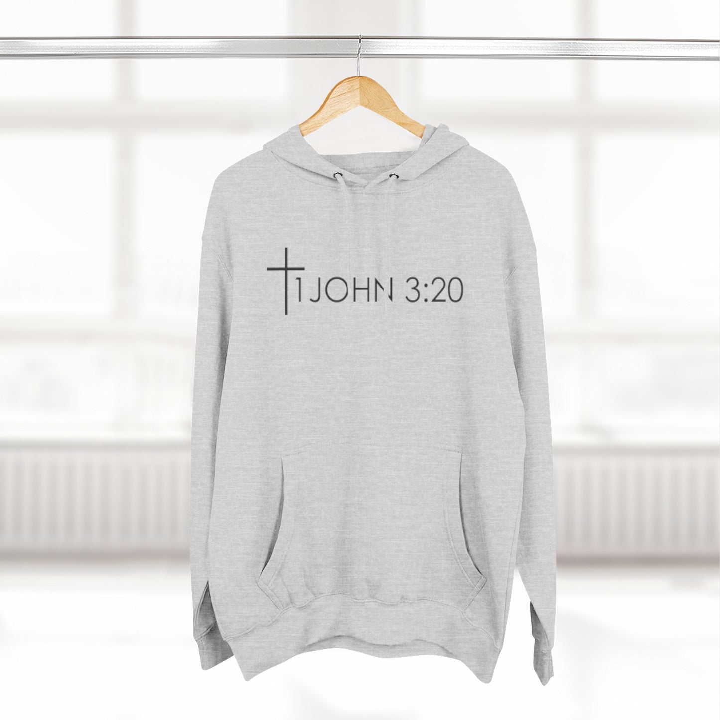 John 3:20 Cross Hoodie — Christian Faith Pullover with God is Greater than the highs and lows Back Design