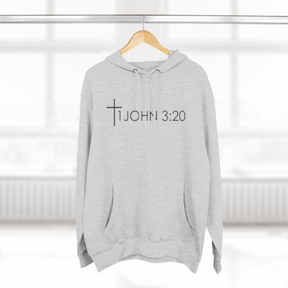 John 3:20 Cross Hoodie — Christian Faith Pullover with God is Greater than the highs and lows Back Design