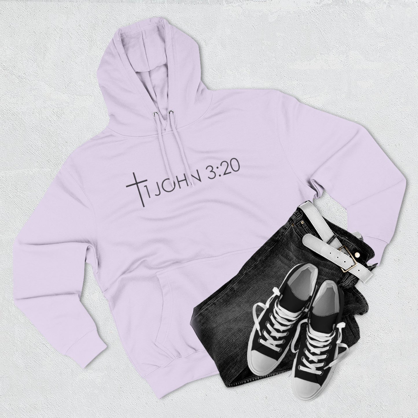 John 3:20 Cross Hoodie — Christian Faith Pullover with God is Greater than the highs and lows Back Design