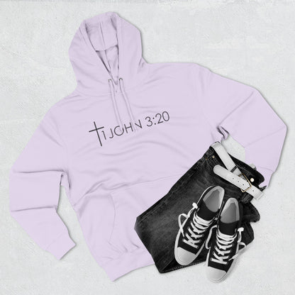 John 3:20 Cross Hoodie — Christian Faith Pullover with God is Greater than the highs and lows Back Design
