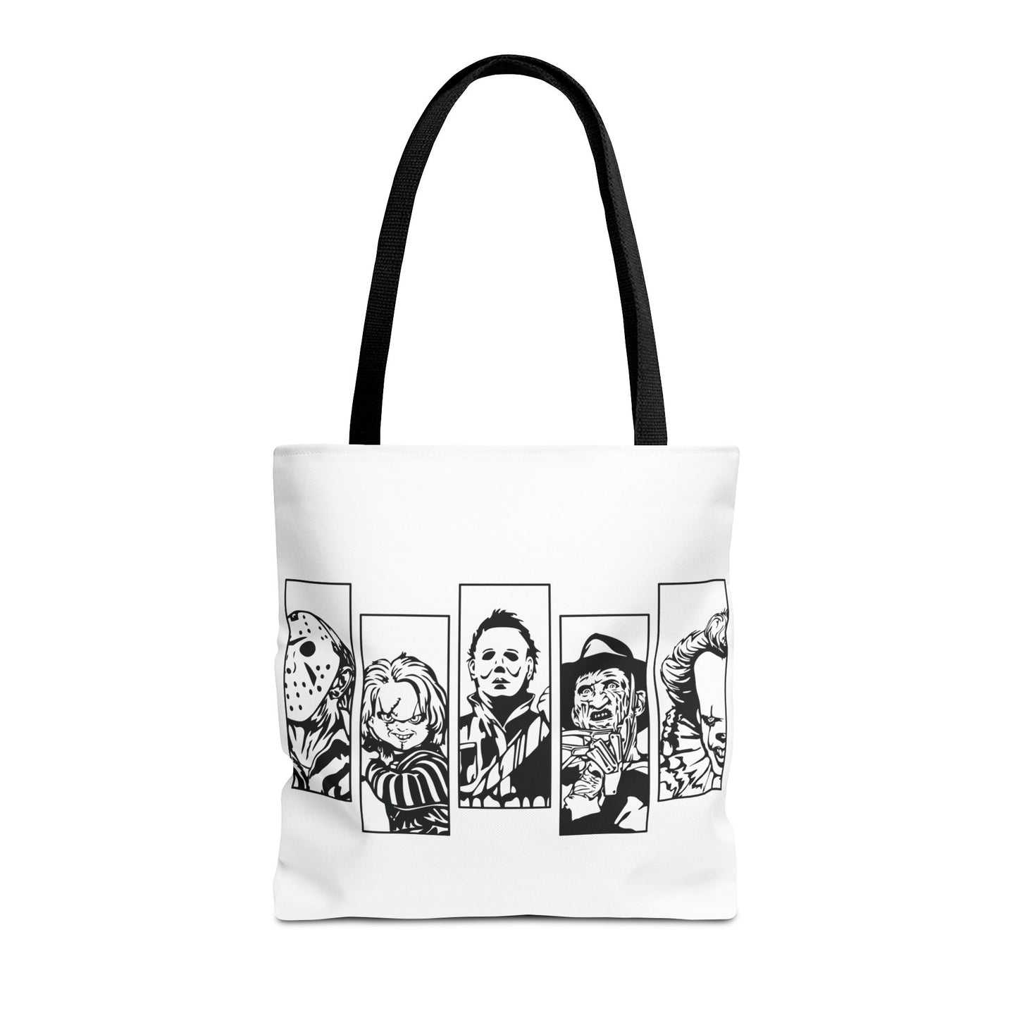 Horror Icons Panel Tote Bag — Black & White Slasher Character Collage