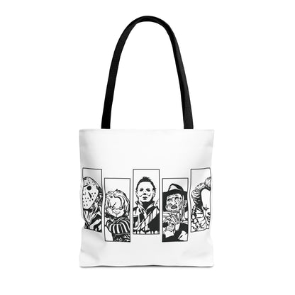 Horror Icons Panel Tote Bag — Black & White Slasher Character Collage