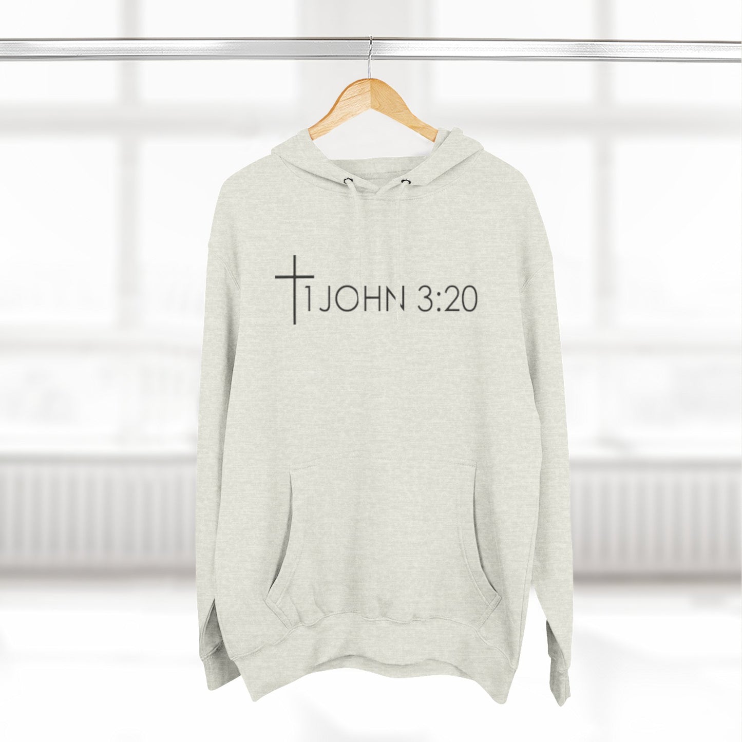John 3:20 Cross Hoodie — Christian Faith Pullover with God is Greater than the highs and lows Back Design