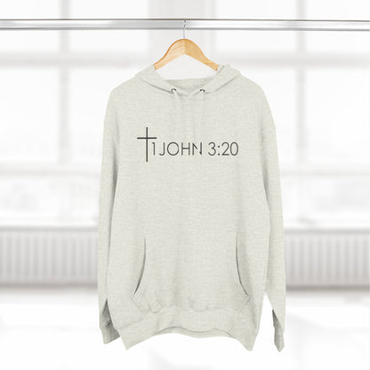 John 3:20 Cross Hoodie — Christian Faith Pullover with God is Greater than the highs and lows Back Design