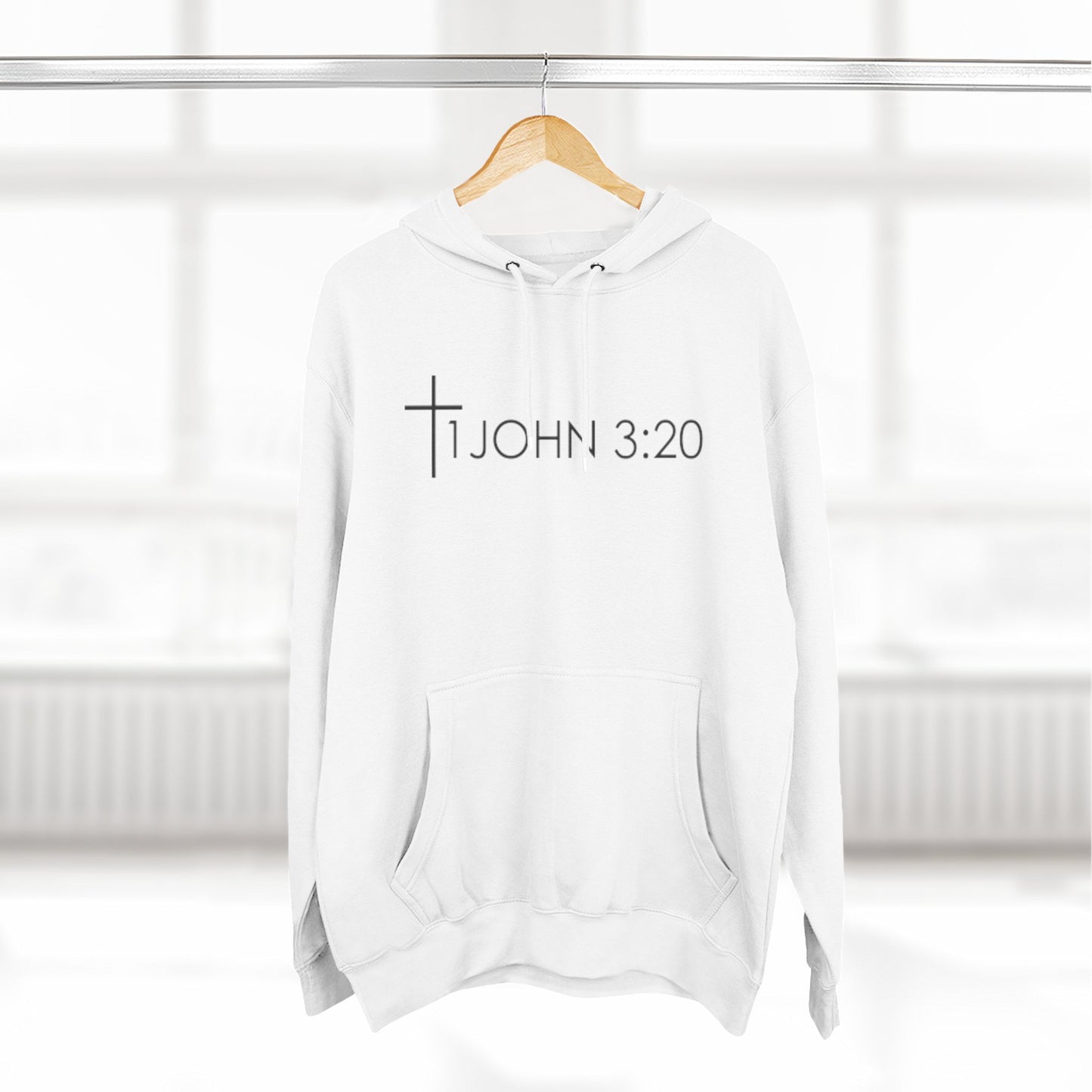 John 3:20 Cross Hoodie — Christian Faith Pullover with God is Greater than the highs and lows Back Design