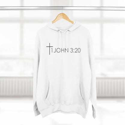 John 3:20 Cross Hoodie — Christian Faith Pullover with God is Greater than the highs and lows Back Design