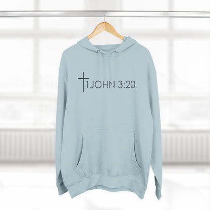 John 3:20 Cross Hoodie — Christian Faith Pullover with God is Greater than the highs and lows Back Design