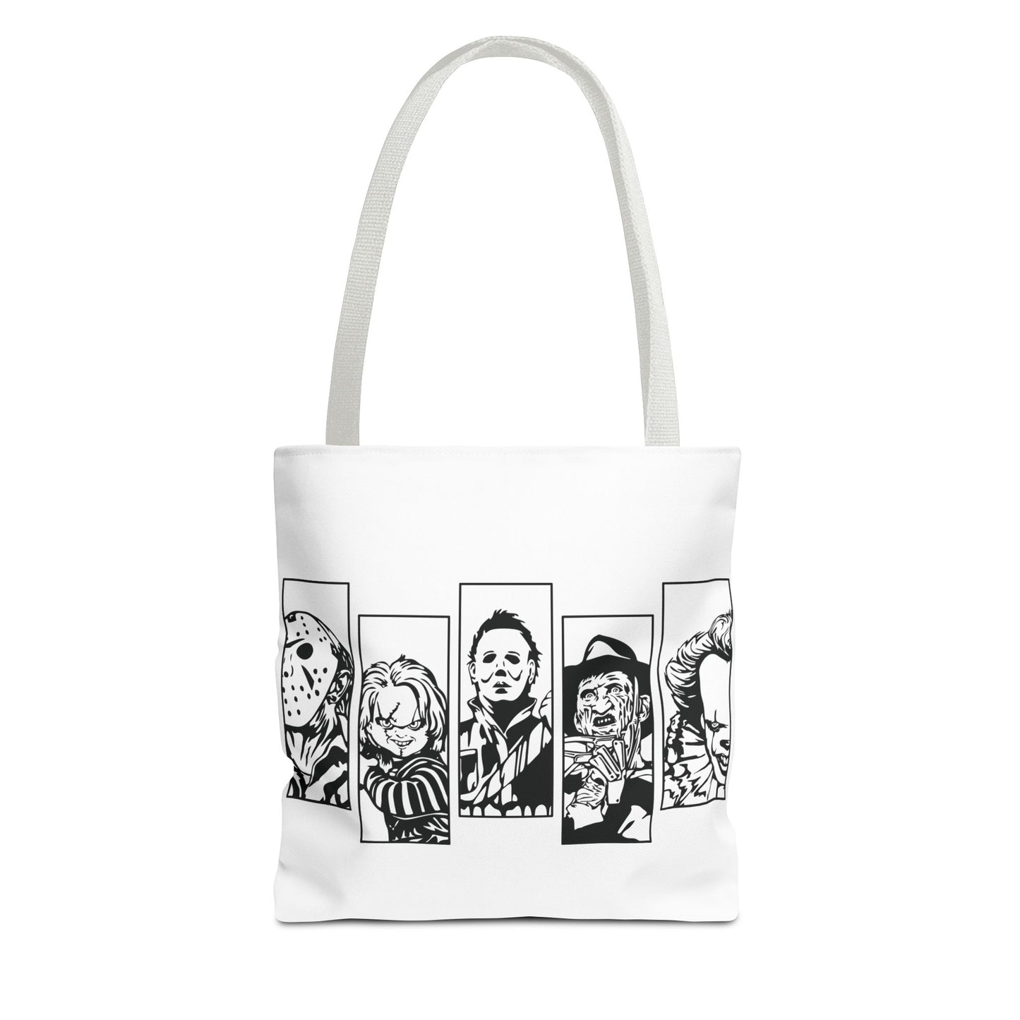 Horror Icons Panel Tote Bag — Black & White Slasher Character Collage