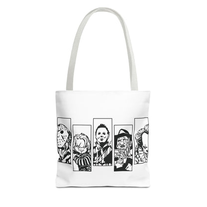 Horror Icons Panel Tote Bag — Black & White Slasher Character Collage