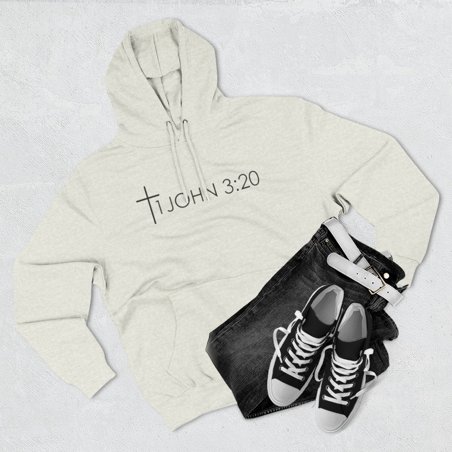 John 3:20 Cross Hoodie — Christian Faith Pullover with God is Greater than the highs and lows Back Design