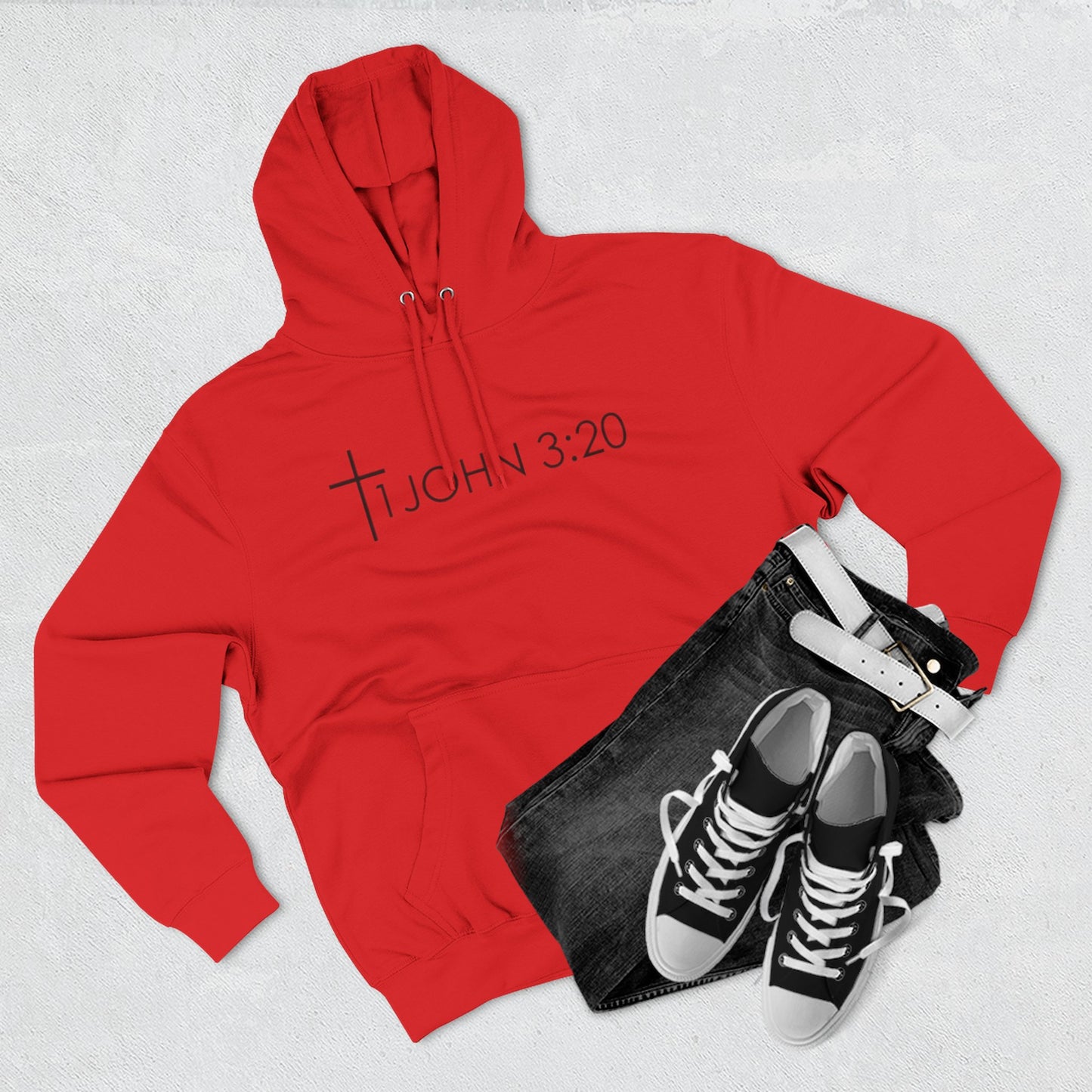 John 3:20 Cross Hoodie — Christian Faith Pullover with God is Greater than the highs and lows Back Design