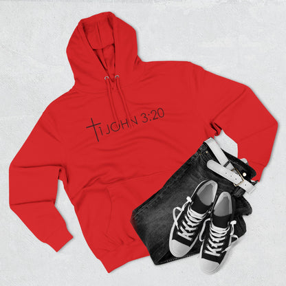 John 3:20 Cross Hoodie — Christian Faith Pullover with God is Greater than the highs and lows Back Design