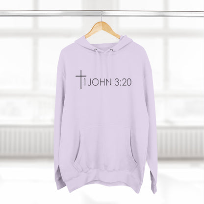 John 3:20 Cross Hoodie — Christian Faith Pullover with God is Greater than the highs and lows Back Design