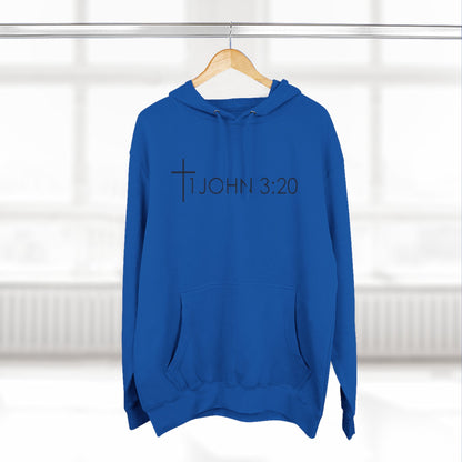 John 3:20 Cross Hoodie — Christian Faith Pullover with God is Greater than the highs and lows Back Design