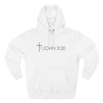 John 3:20 Cross Hoodie — Christian Faith Pullover with God is Greater than the highs and lows Back Design