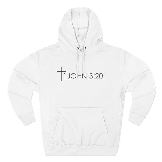 John 3:20 Cross Hoodie — Christian Faith Pullover with God is Greater than the highs and lows Back Design