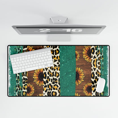 Sunflower Leopard Desk Mat – Rustic Teal Mouse Pad for Office & Home