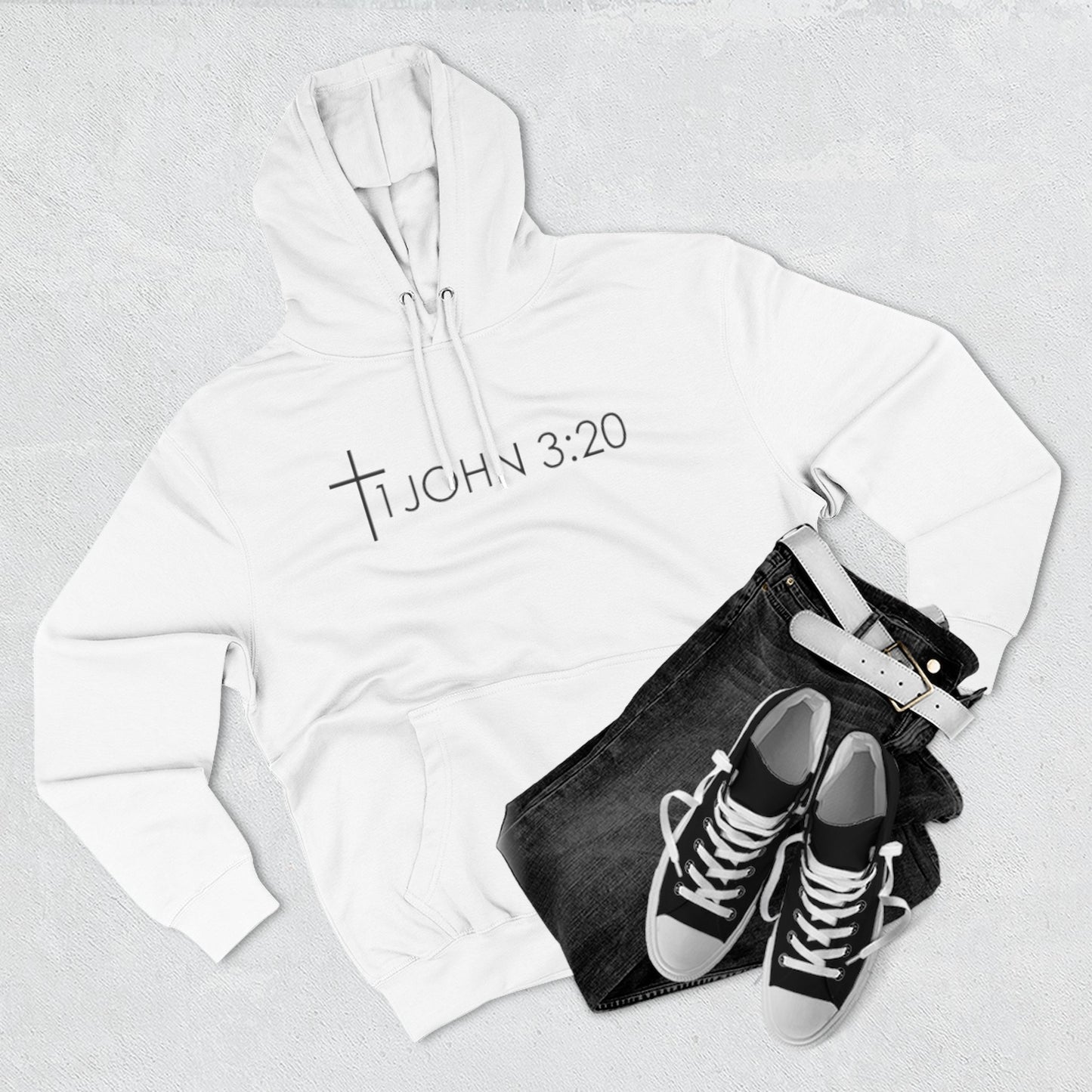 John 3:20 Cross Hoodie — Christian Faith Pullover with God is Greater than the highs and lows Back Design