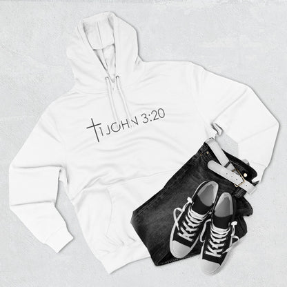John 3:20 Cross Hoodie — Christian Faith Pullover with God is Greater than the highs and lows Back Design