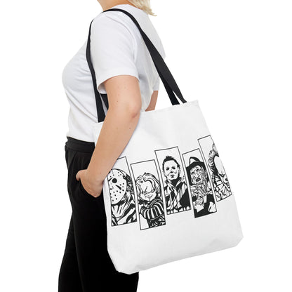 Horror Icons Panel Tote Bag — Black & White Slasher Character Collage