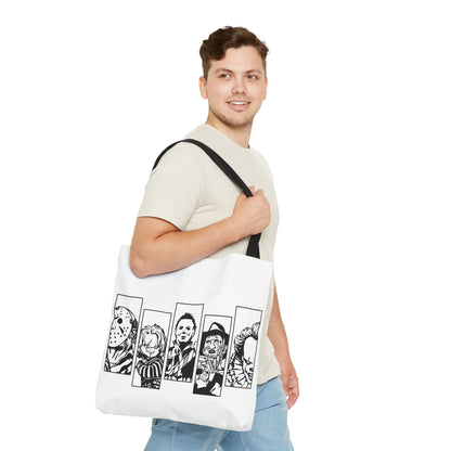 Horror Icons Panel Tote Bag — Black & White Slasher Character Collage