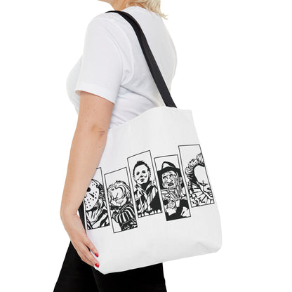 Horror Icons Panel Tote Bag — Black & White Slasher Character Collage