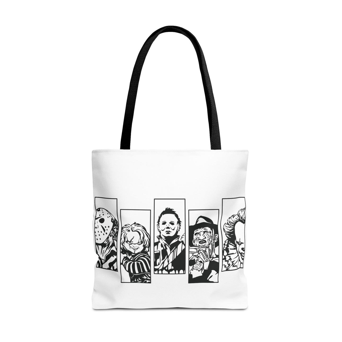 Horror Icons Panel Tote Bag — Black & White Slasher Character Collage