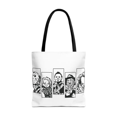 Horror Icons Panel Tote Bag — Black & White Slasher Character Collage