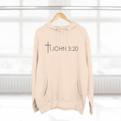 John 3:20 Cross Hoodie — Christian Faith Pullover with God is Greater than the highs and lows Back Design