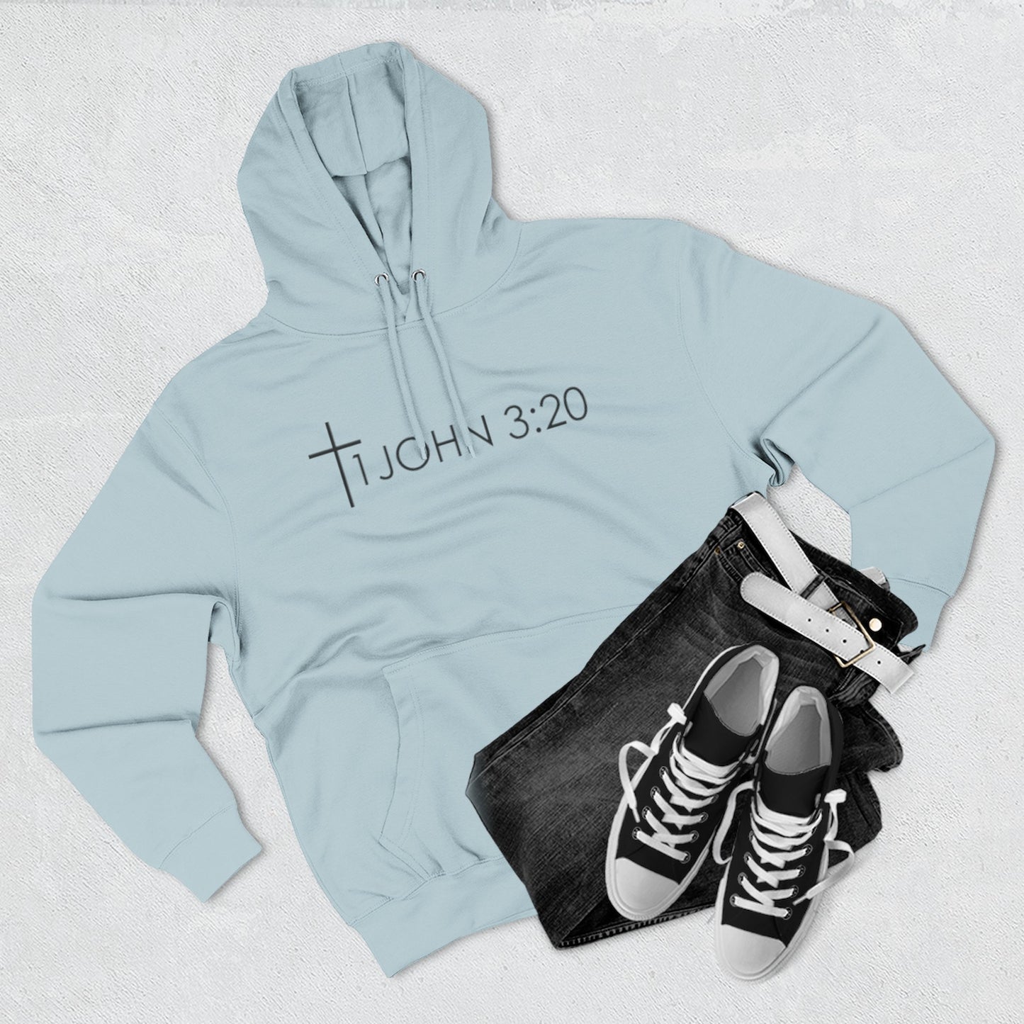 John 3:20 Cross Hoodie — Christian Faith Pullover with God is Greater than the highs and lows Back Design