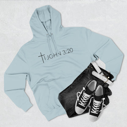 John 3:20 Cross Hoodie — Christian Faith Pullover with God is Greater than the highs and lows Back Design