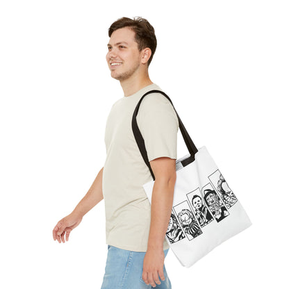 Horror Icons Panel Tote Bag — Black & White Slasher Character Collage