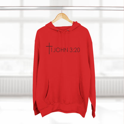 John 3:20 Cross Hoodie — Christian Faith Pullover with God is Greater than the highs and lows Back Design