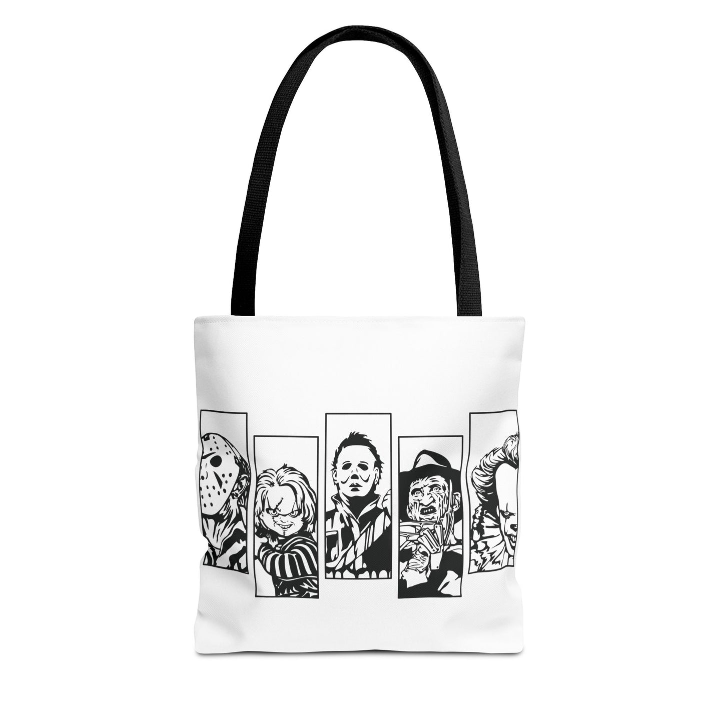 Horror Icons Panel Tote Bag — Black & White Slasher Character Collage