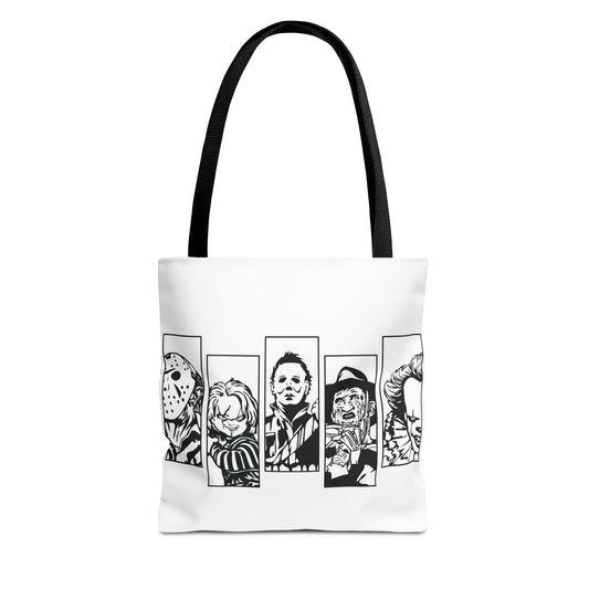 Horror Icons Panel Tote Bag — Black & White Slasher Character Collage